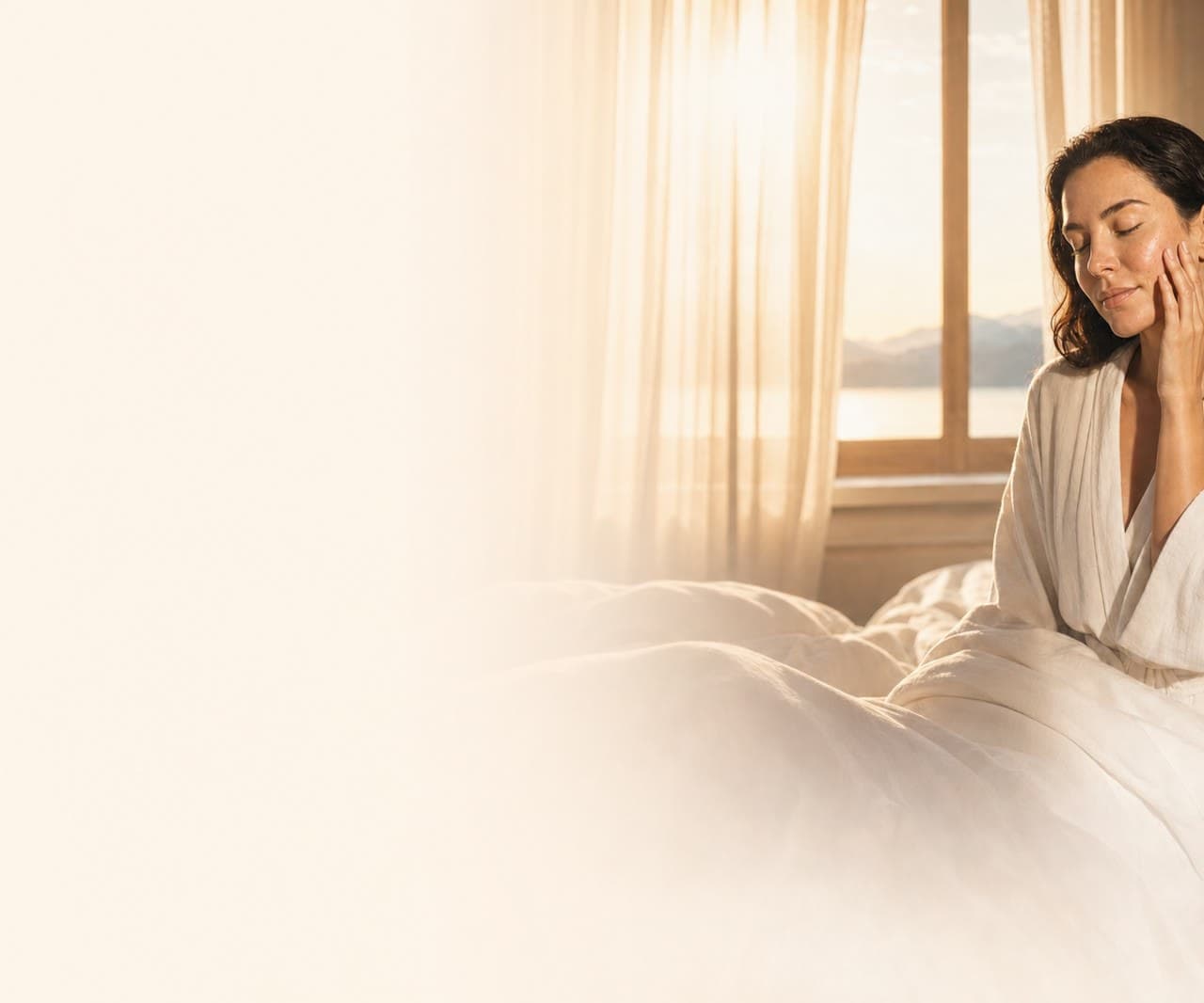 Morning after: a woman with calm, luminous skin in golden dawn light