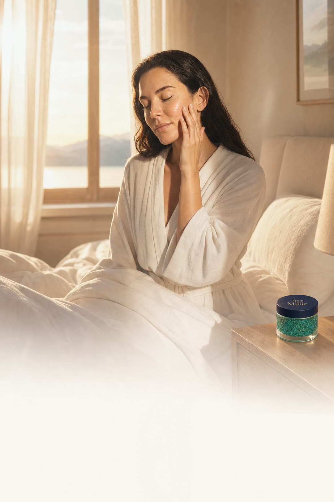Morning after: a woman with calm, luminous skin in golden dawn light