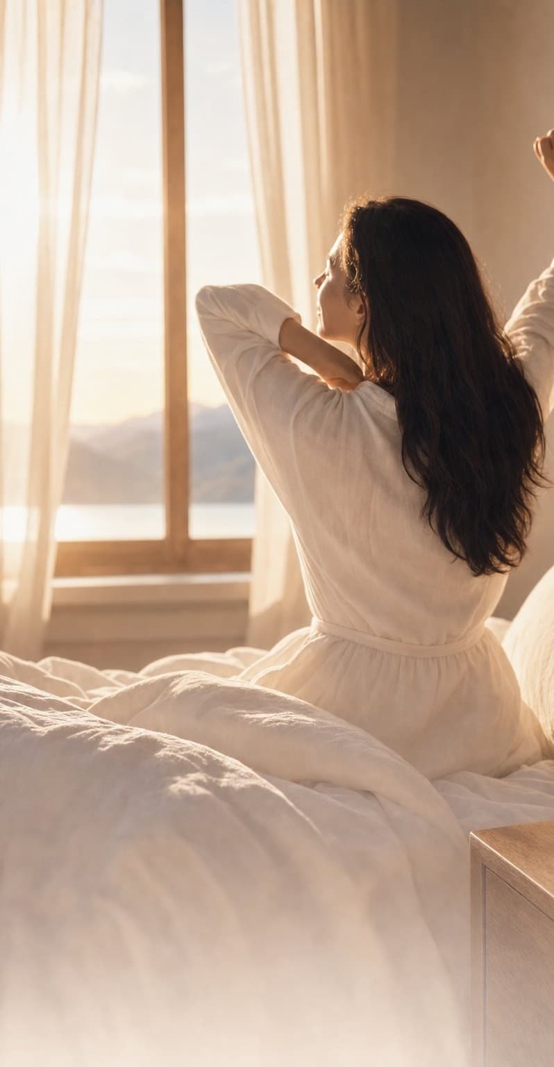 Morning after: a woman stretching into golden dawn light