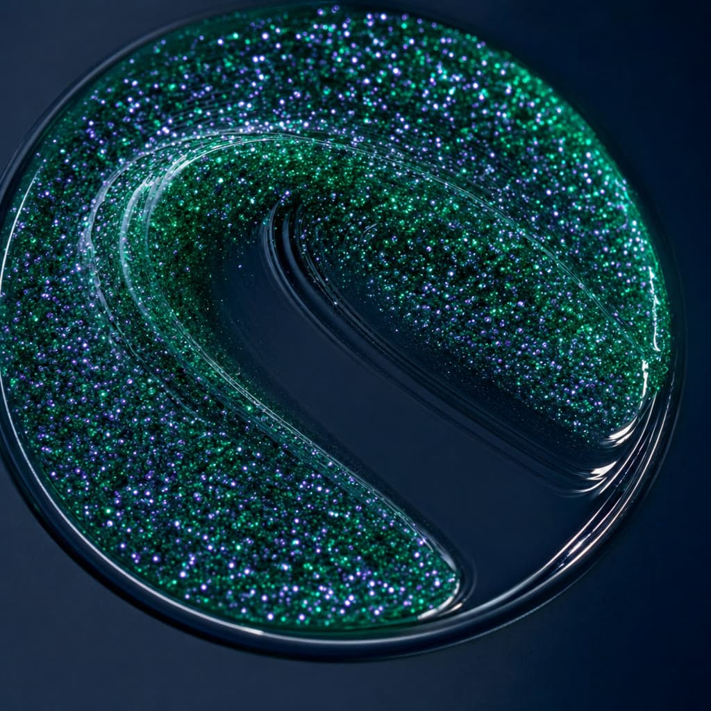 Macro of aurora capsules suspended in the milky gel, lit blue-hour indigo